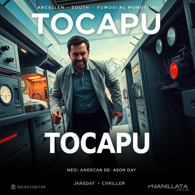 A movie poster for a sci-fi thriller film titled "Tocapu," featuring Peruvian actor Jason Day as a businessman escaping through a Neo-Andean laboratory, set in the midst of the stunning Andean mountains