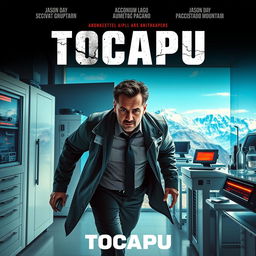 A movie poster for a sci-fi thriller film titled "Tocapu," featuring Peruvian actor Jason Day as a businessman escaping through a Neo-Andean laboratory, set in the midst of the stunning Andean mountains