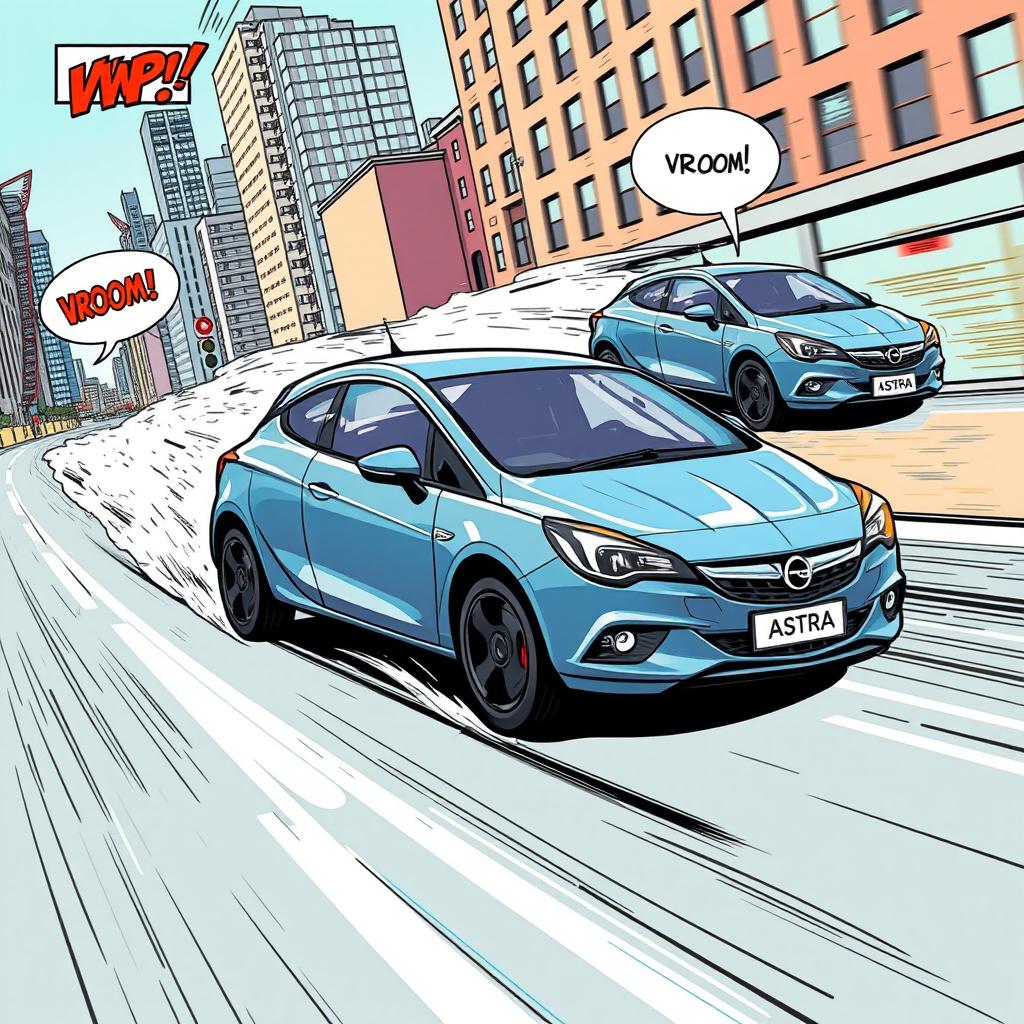 A comic-style illustration featuring an Opel Astra involved in a thrilling chase scene