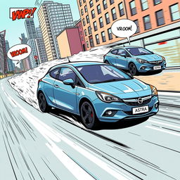 A comic-style illustration featuring an Opel Astra involved in a thrilling chase scene