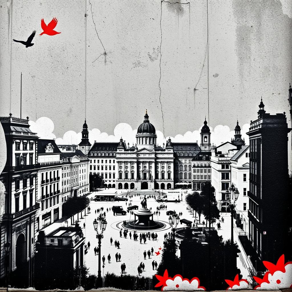 An imaginative portrayal of Madrid in the iconic style of Banksy