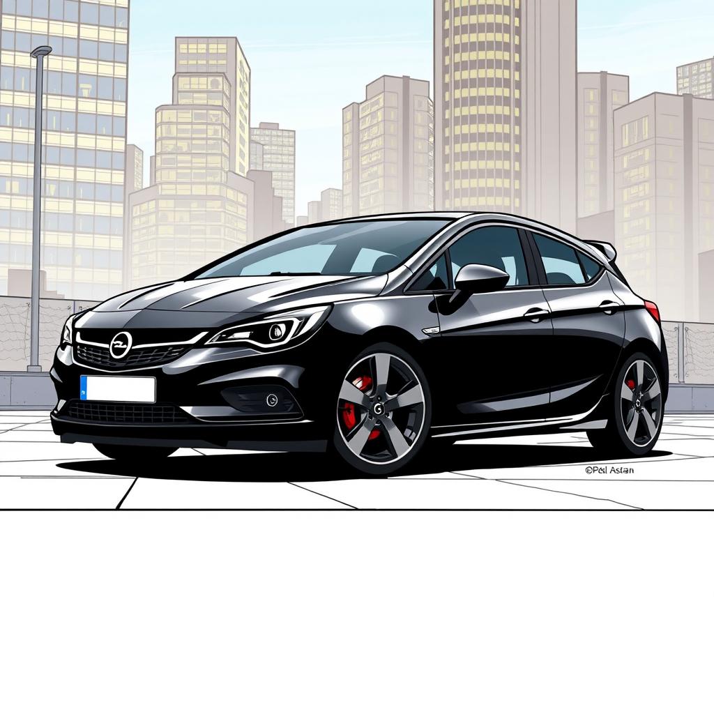 A black Opel Astra H depicted in a comic book style illustration