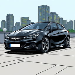 A black Opel Astra H depicted in a comic book style illustration