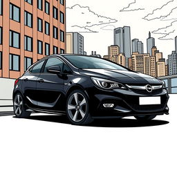 A black Opel Astra H depicted in a comic book style illustration