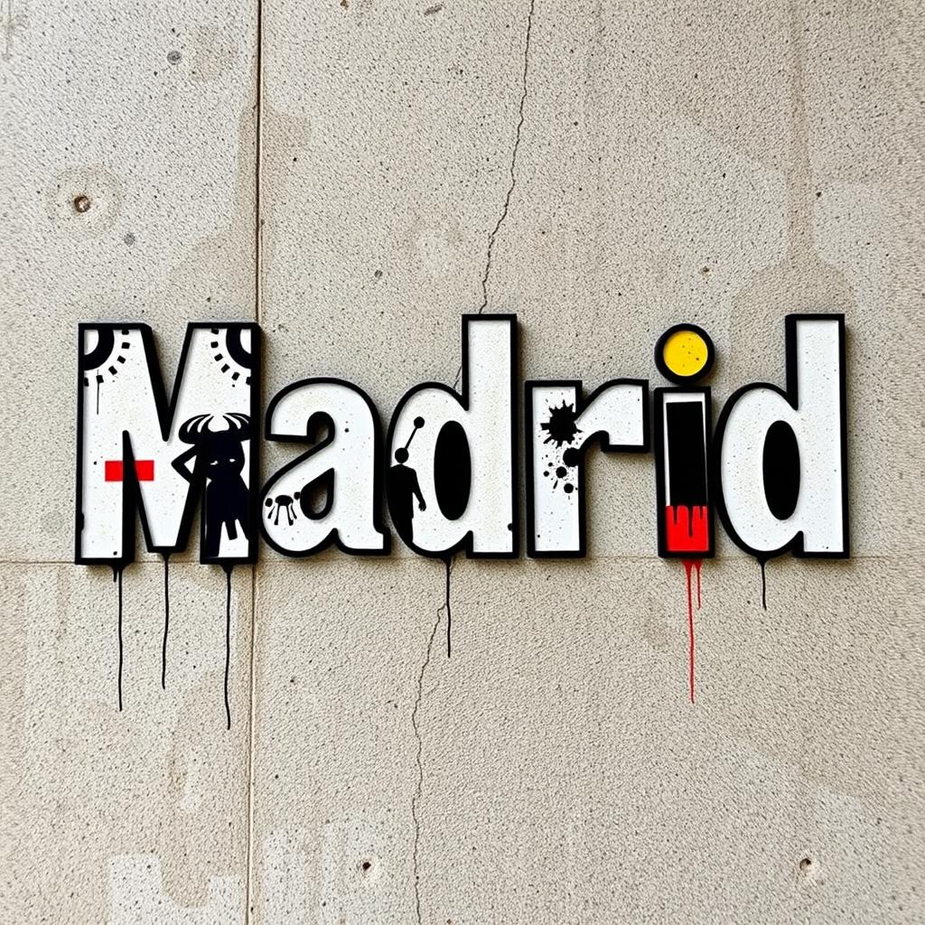 A captivating piece of typography showcasing the word "Madrid" in the iconic style of Banksy