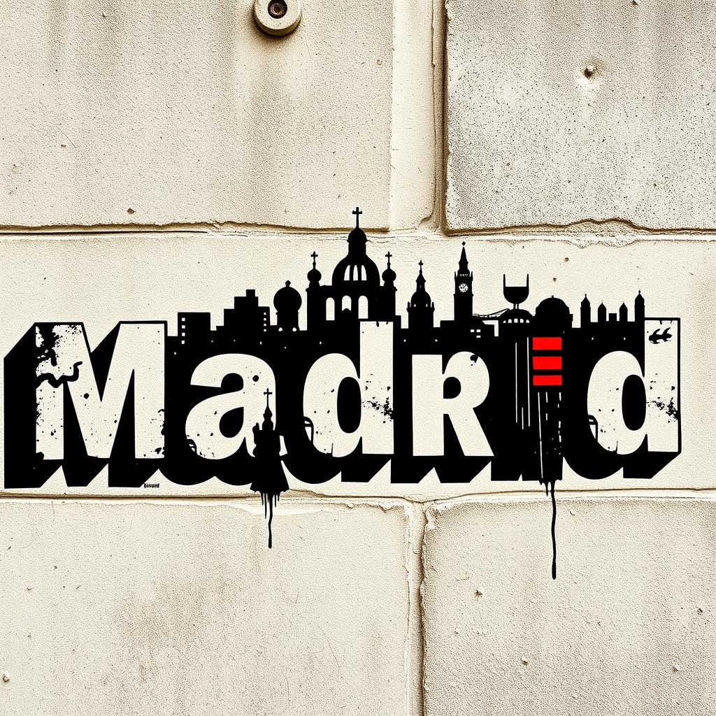 A captivating piece of typography showcasing the word "Madrid" in the iconic style of Banksy