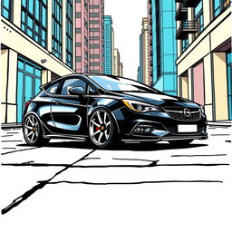 A black Opel Astra H illustrated in a vibrant comic book style using marker techniques