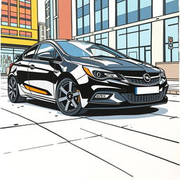 A black Opel Astra H illustrated in a vibrant comic book style using marker techniques