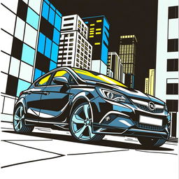 A black Opel Astra H illustrated in a vibrant comic book style using marker techniques