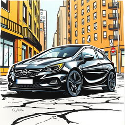 A black Opel Astra H illustrated in a vibrant comic book style using marker techniques