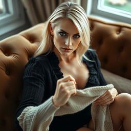 A cozy, intimate portrait of a thin blonde dominatrix with large breasts, seated gracefully on a lush sofa