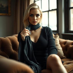 A cozy, intimate portrait of a thin blonde dominatrix with large breasts, seated gracefully on a lush sofa