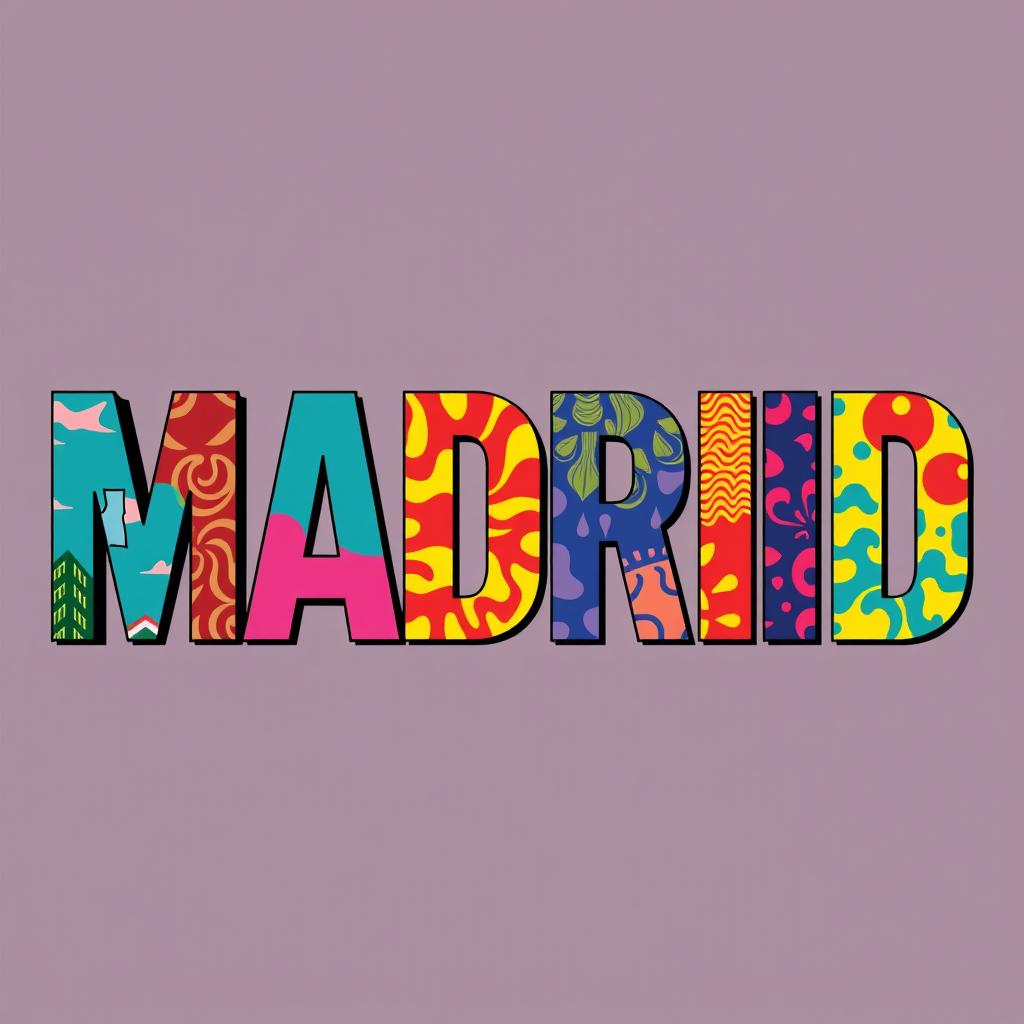 A vibrant piece of typography showcasing the word "Madrid" in the iconic style of Andy Warhol