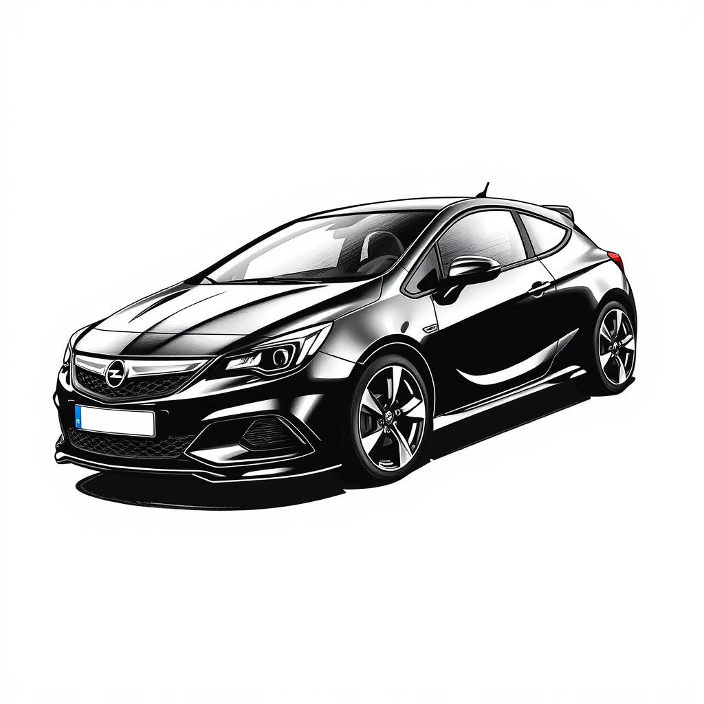 A black Opel Astra H illustrated with a black marker style on paper