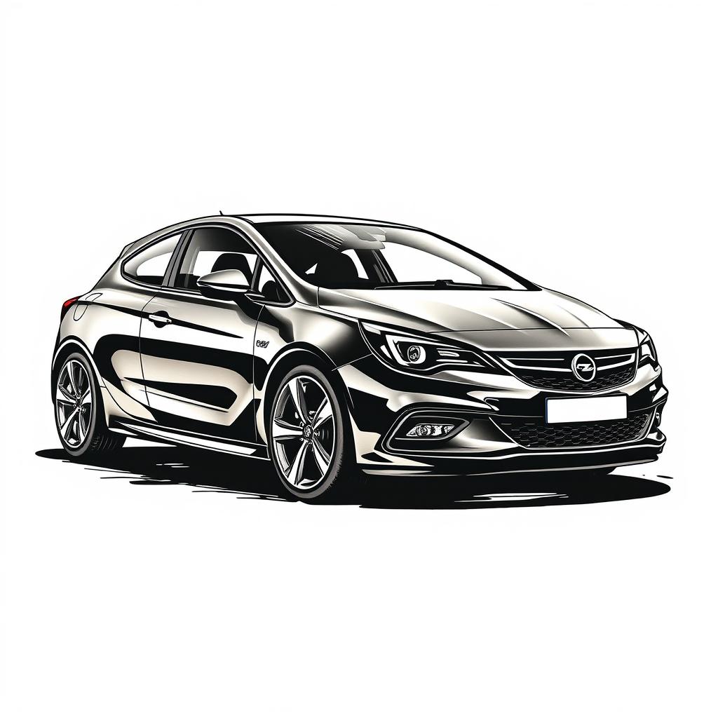 A black Opel Astra H illustrated with a black marker style on paper