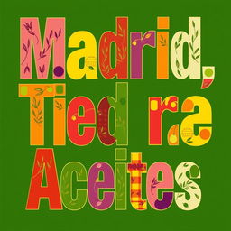 A vibrant piece of typography featuring the phrase "Madrid, Tierra de Aceites" in the iconic style of Andy Warhol