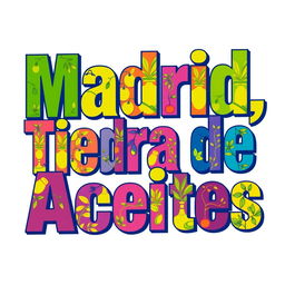 A vibrant piece of typography featuring the phrase "Madrid, Tierra de Aceites" in the iconic style of Andy Warhol