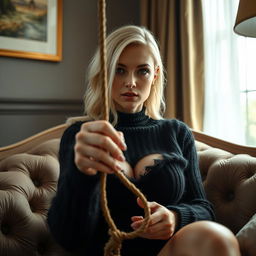 A cozy, intimate portrait of a thin blonde dominatrix with large breasts, seated regally on a lush sofa