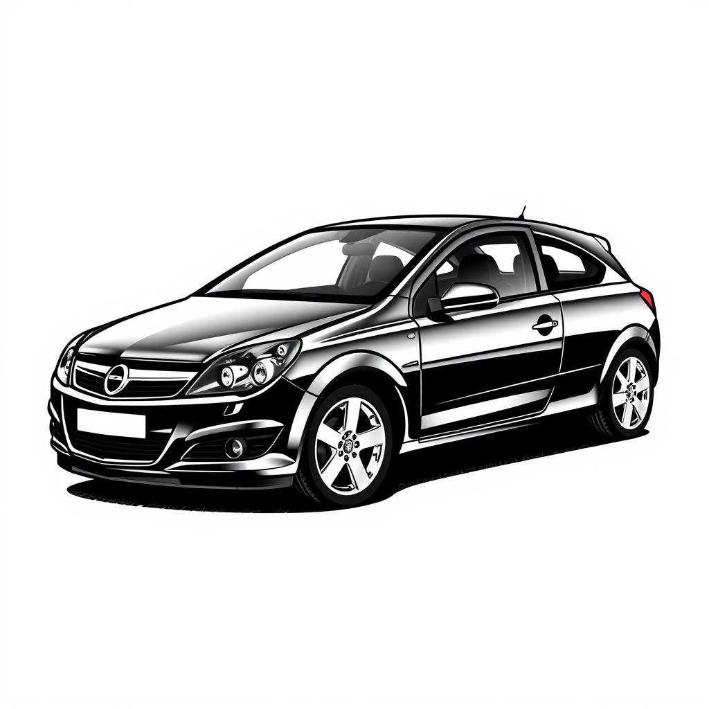 A 2007 black Opel Astra H illustrated in a black marker art style