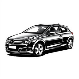 A 2007 black Opel Astra H illustrated in a black marker art style