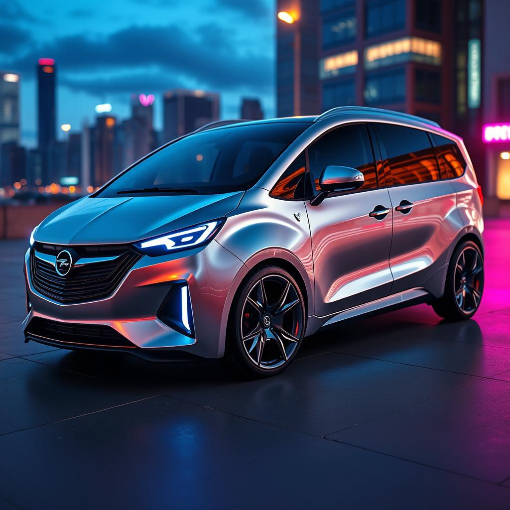 A futuristic reimagining of an Opel Zafira B, featuring a sleek, aerodynamic design with modern, angular body lines