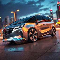 A futuristic reimagining of an Opel Zafira B, featuring a sleek, aerodynamic design with modern, angular body lines