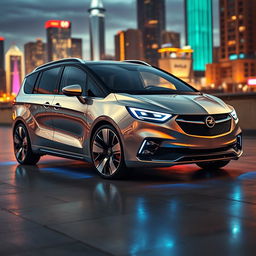 A futuristic reimagining of an Opel Zafira B, featuring a sleek, aerodynamic design with modern, angular body lines