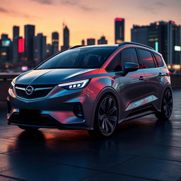 A futuristic reimagining of an Opel Zafira B, featuring a sleek, aerodynamic design with modern, angular body lines