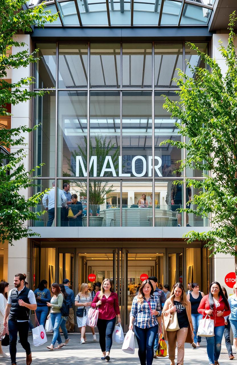 A contemporary shopping mall in a Canadian city, featuring a large, welcoming entrance door