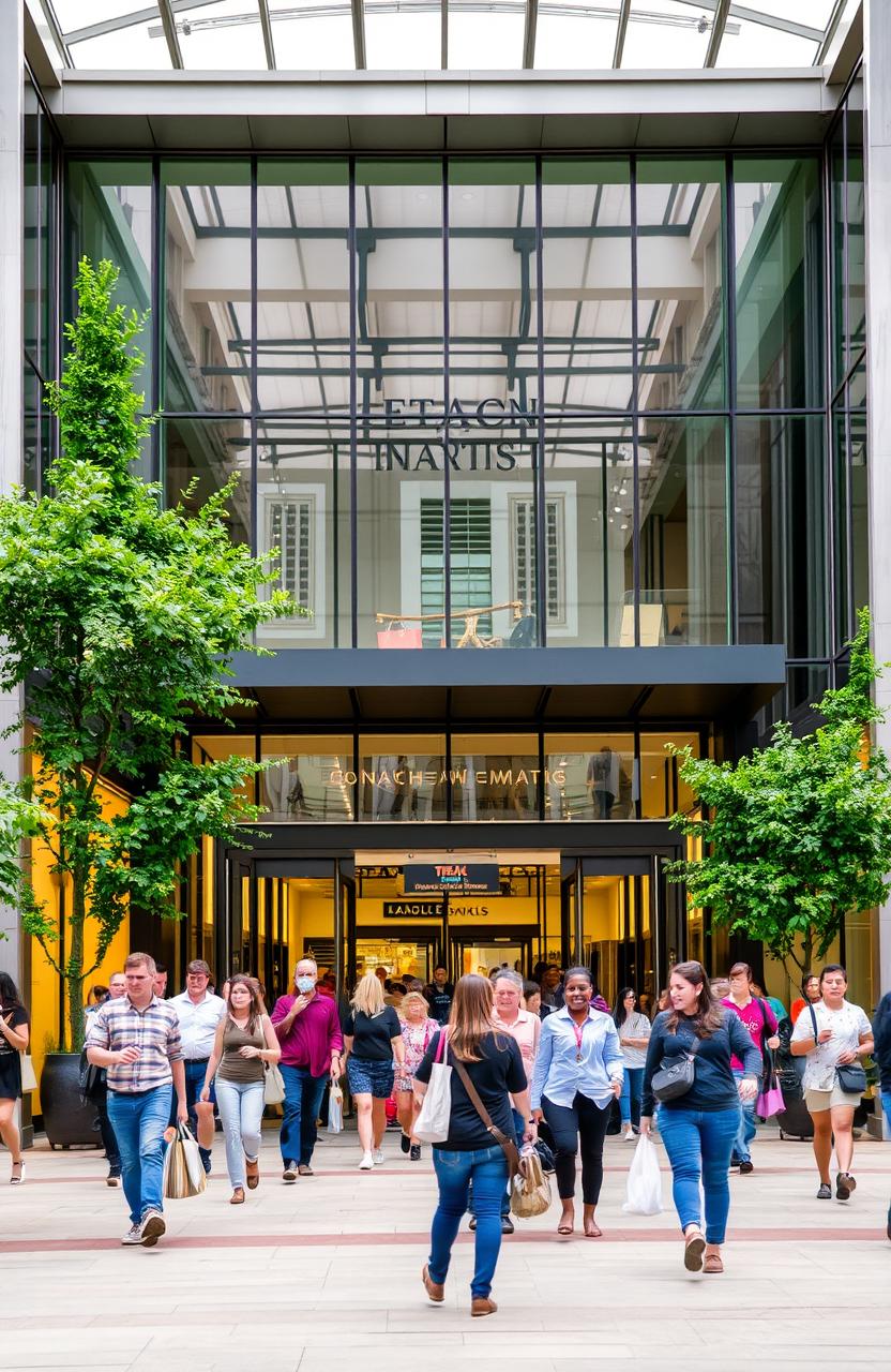 A contemporary shopping mall in a Canadian city, featuring a large, welcoming entrance door