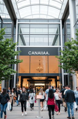 A contemporary shopping mall in a Canadian city, featuring a large, welcoming entrance door