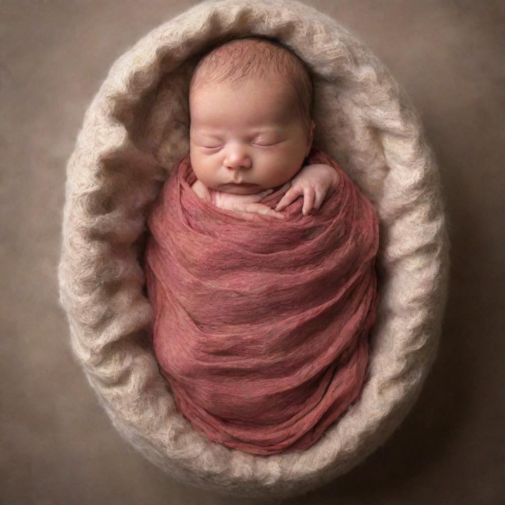 A newborn baby, gently cocooned in remnants of the placenta, symbolizing the miracle of life. Ensure the depiction is sensitive, respectful, and not graphic.