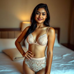 An 18-year-old Indian young woman standing gracefully in a bedroom, showcasing a delicate Ensemble Lingerie en Dentelle