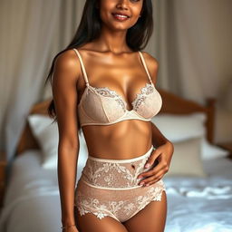 An 18-year-old Indian young woman standing gracefully in a bedroom, showcasing a delicate Ensemble Lingerie en Dentelle