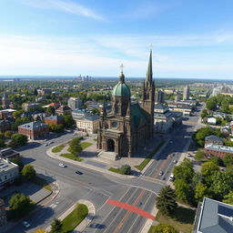 A detailed rendering of a Canadian city's landscape as seen from Google Earth, prominently featuring a beautiful, historic basilica