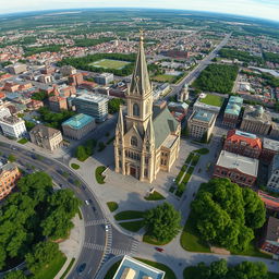 A detailed rendering of a Canadian city's landscape as seen from Google Earth, prominently featuring a beautiful, historic basilica