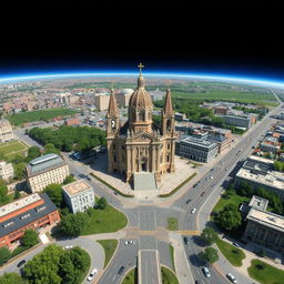 A detailed rendering of a Canadian city's landscape as seen from Google Earth, prominently featuring a beautiful, historic basilica