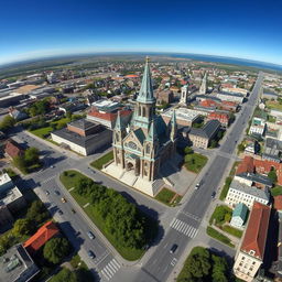 A detailed rendering of a Canadian city's landscape as seen from Google Earth, prominently featuring a beautiful, historic basilica