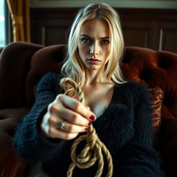 A cozy, intimate portrait of a thin blonde dominatrix with large breasts, seated regally on a lush sofa