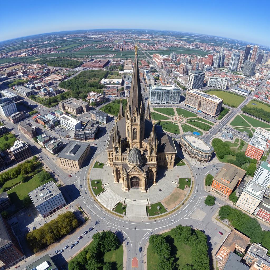 Aerial view of a Canadian cityscape from Google Earth, with a prominent historical basilica