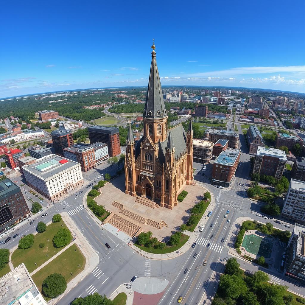 Aerial view of a Canadian cityscape from Google Earth, with a prominent historical basilica