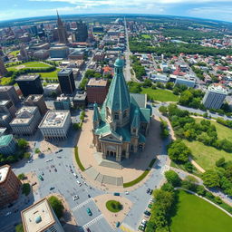 Aerial view of a Canadian cityscape from Google Earth, with a prominent historical basilica