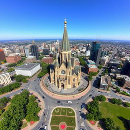 Aerial view of a Canadian cityscape from Google Earth, with a prominent historical basilica