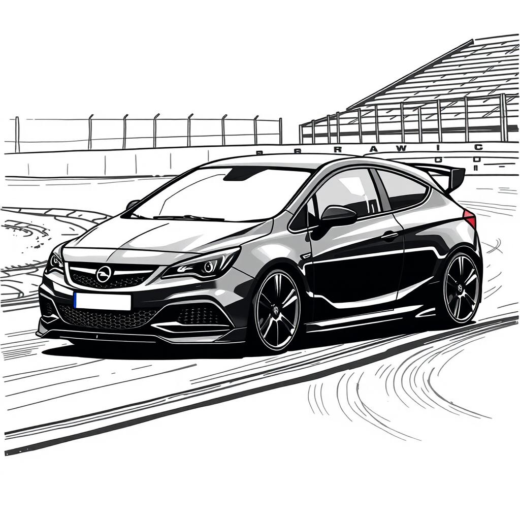 A dynamic black marker illustration of a black Opel Astra H on a racing circuit