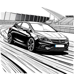 A dynamic black marker illustration of a black Opel Astra H on a racing circuit