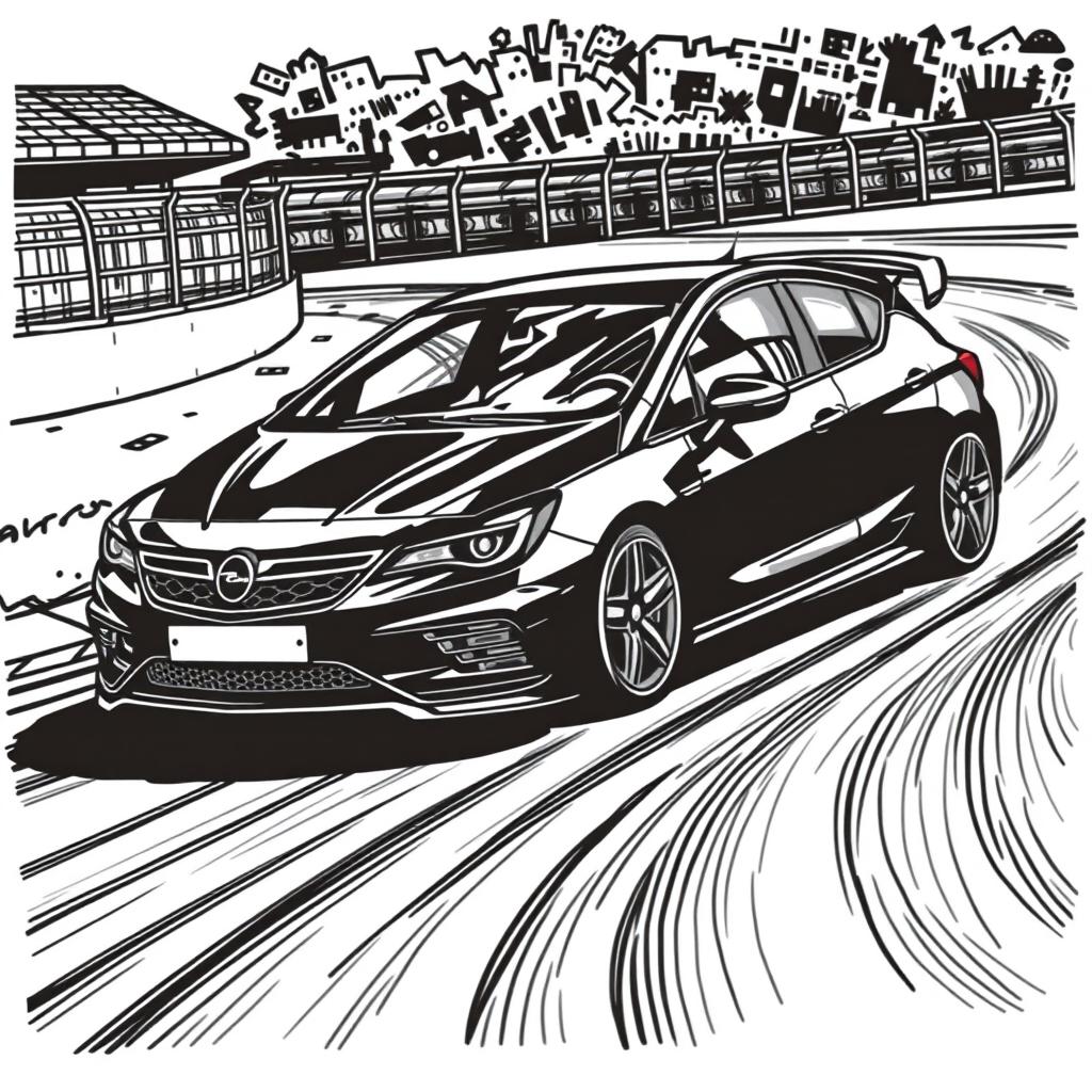 A dynamic black marker illustration of a black Opel Astra H on a racing circuit