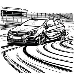 A dynamic black marker illustration of a black Opel Astra H on a racing circuit