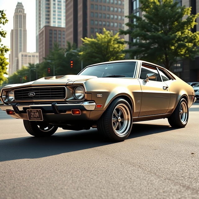 A 1970s Ford Maverick, uniquely remodeled with a modern twist, showcasing sleek aerodynamics while retaining its vintage charm