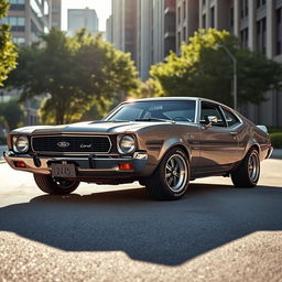 A 1970s Ford Maverick, uniquely remodeled with a modern twist, showcasing sleek aerodynamics while retaining its vintage charm