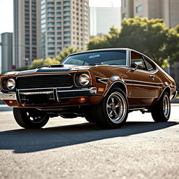 A 1970s Ford Maverick, uniquely remodeled with a modern twist, showcasing sleek aerodynamics while retaining its vintage charm